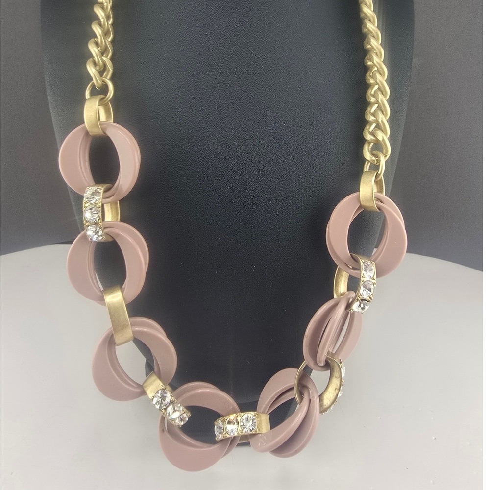 J.Crew Statement Necklace Pink Gold Tone Resin Link Rhinestone 25in